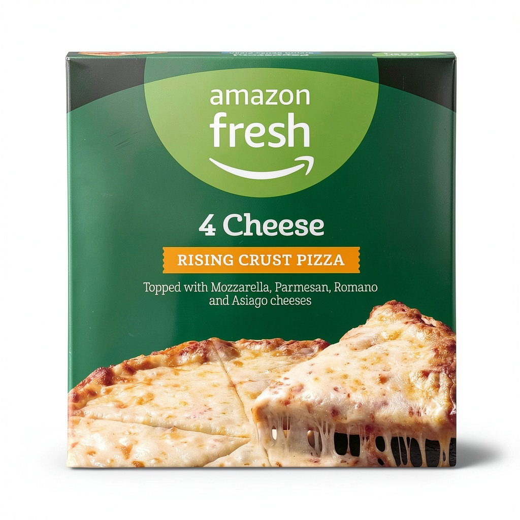 'Amazon Fresh Four Cheese Pizza baking in an oven'