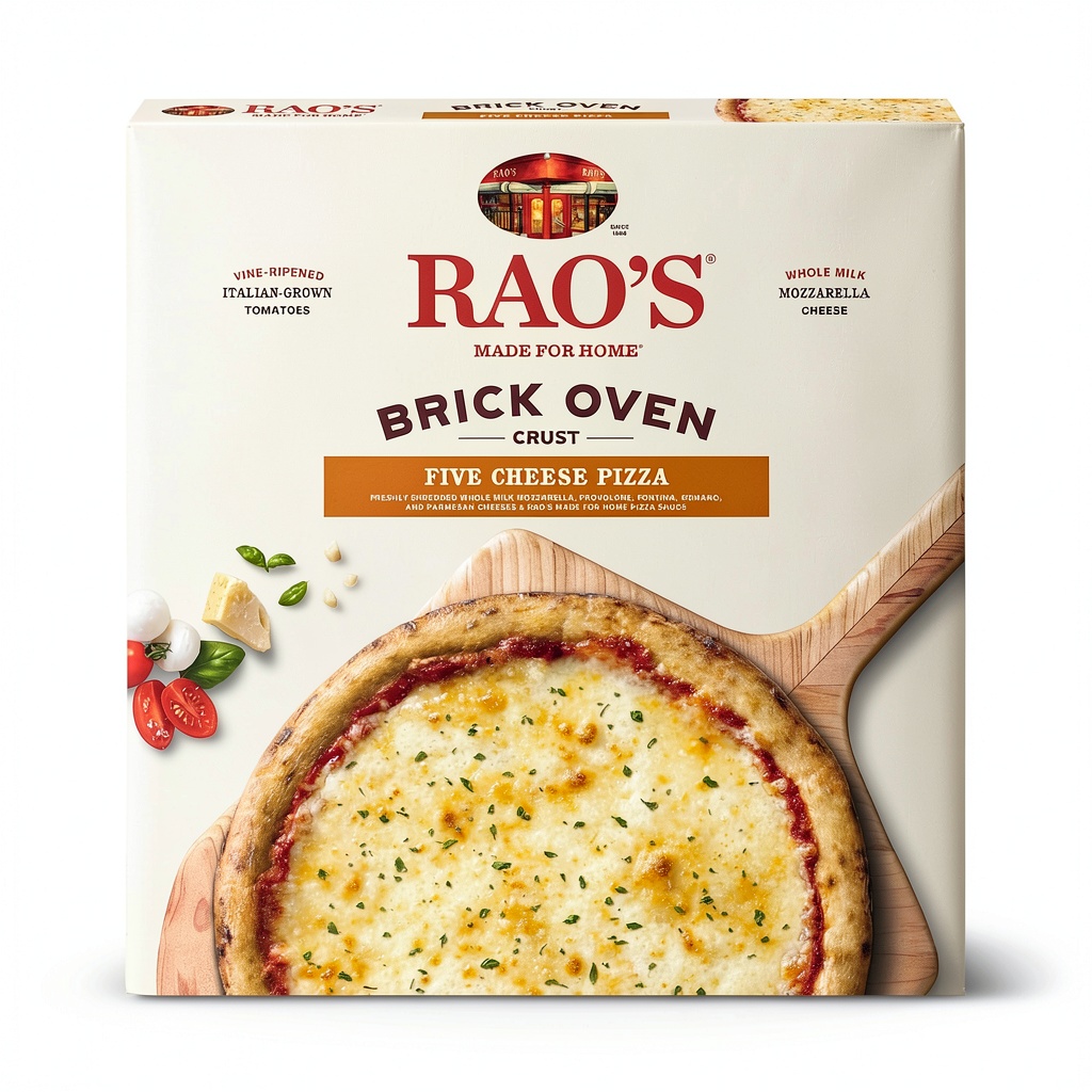 Rao's Five Cheese Pizza fresh out of the oven on a wooden board