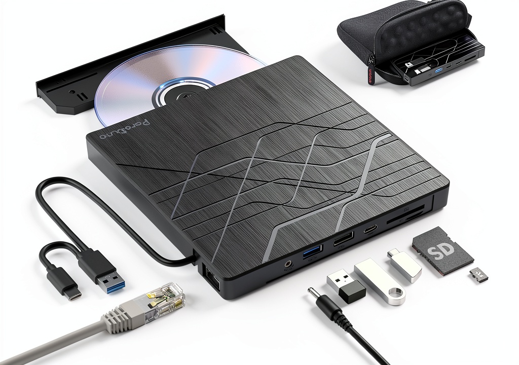 Installing PeroBuno External DVD Drive USB 3.0 Ultra Slim on a wooden desk