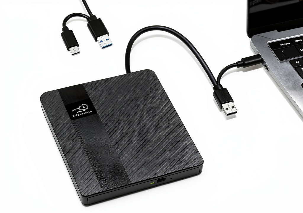 HKCMEMORY external CD DVD drive connected to a laptop in a coffee shop
