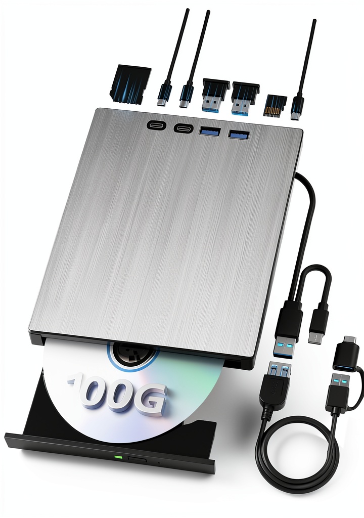 juwuoi Blu-ray drive connected to a laptop in a modern office