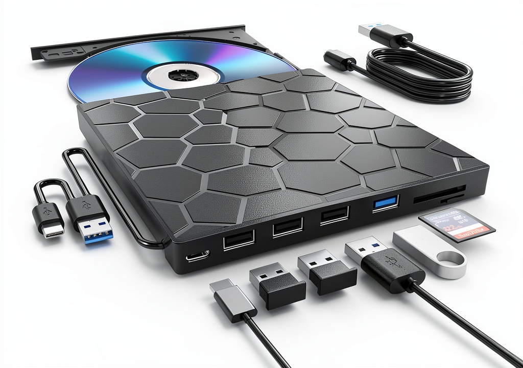 BPAKDU external DVD drive on a desk with laptop and accessories